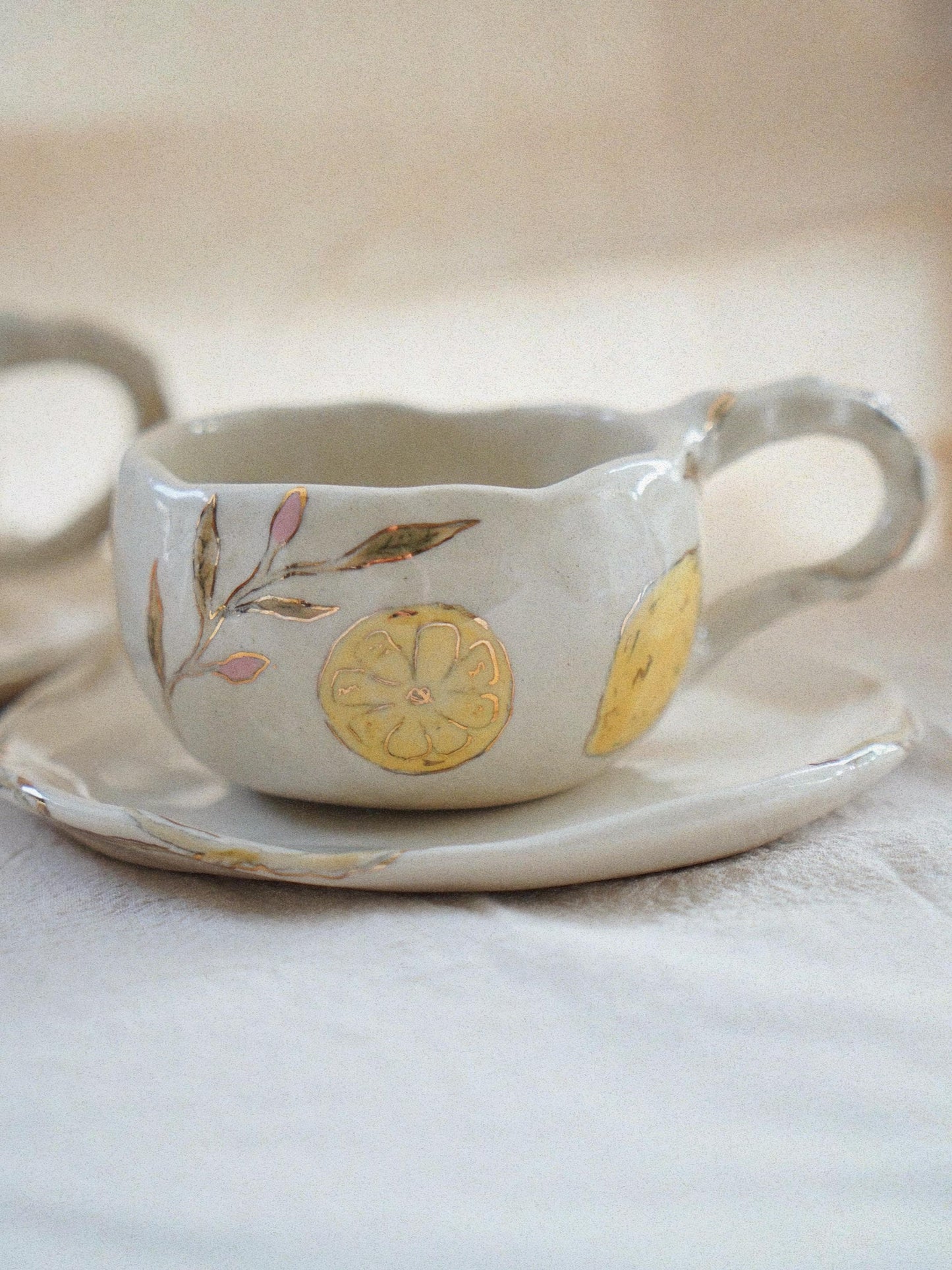 Lemon Hand-Painted Ceramic Cup & Saucer Set with Real Gold