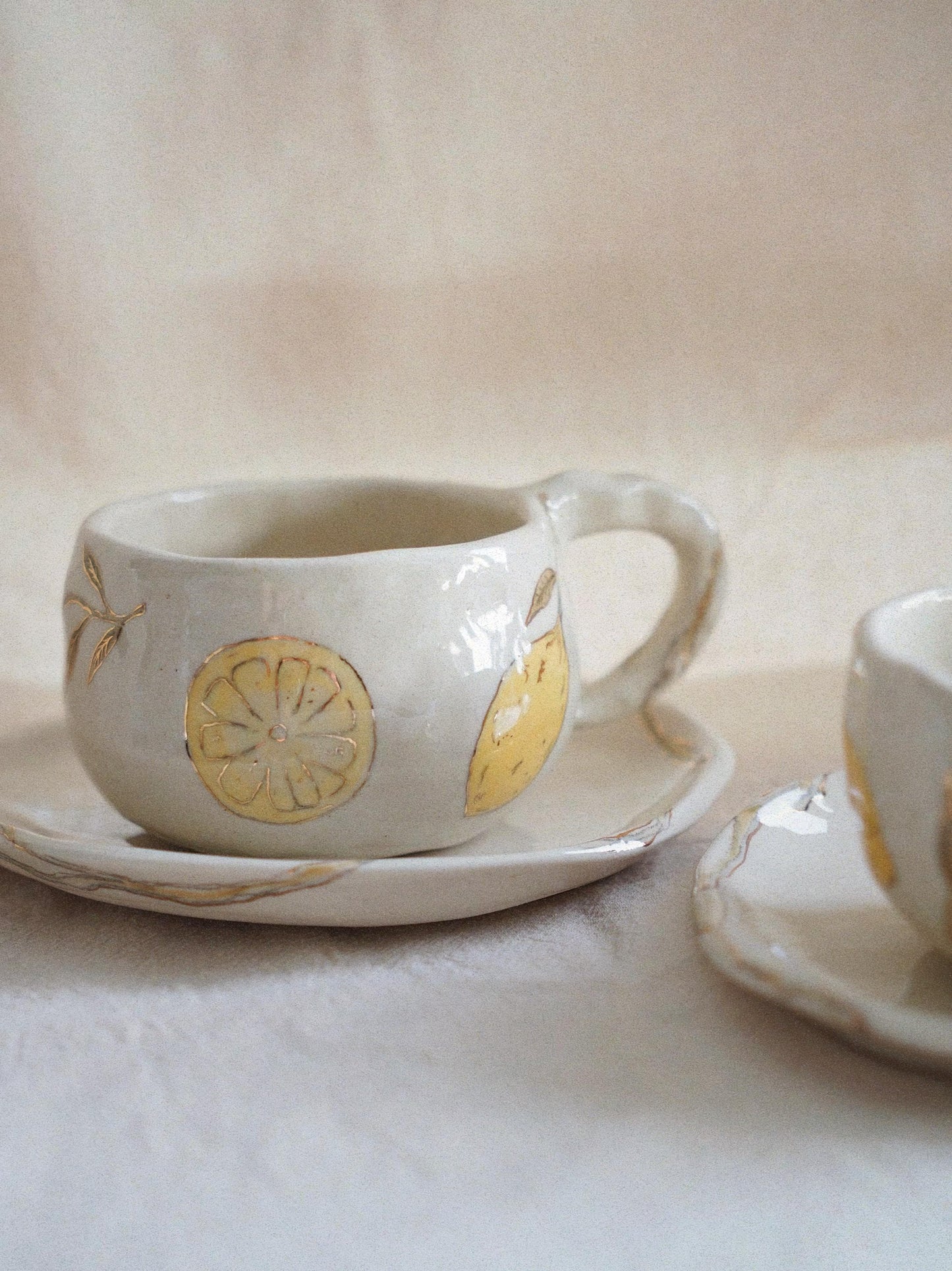 Lemon Hand-Painted Ceramic Cup & Saucer Set with Real Gold