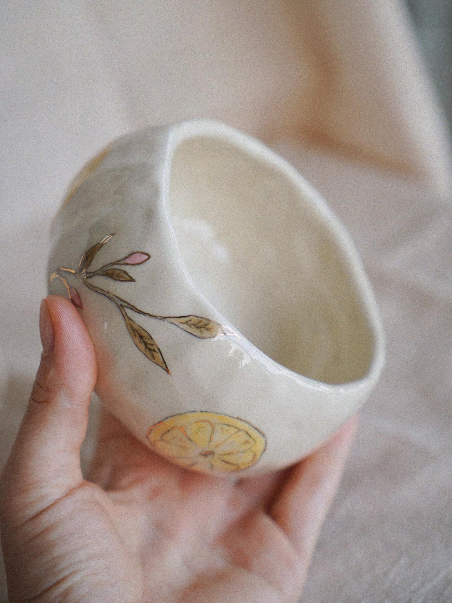 Lemon Hand-Painted Ceramic Cup & Saucer Set with Real Gold