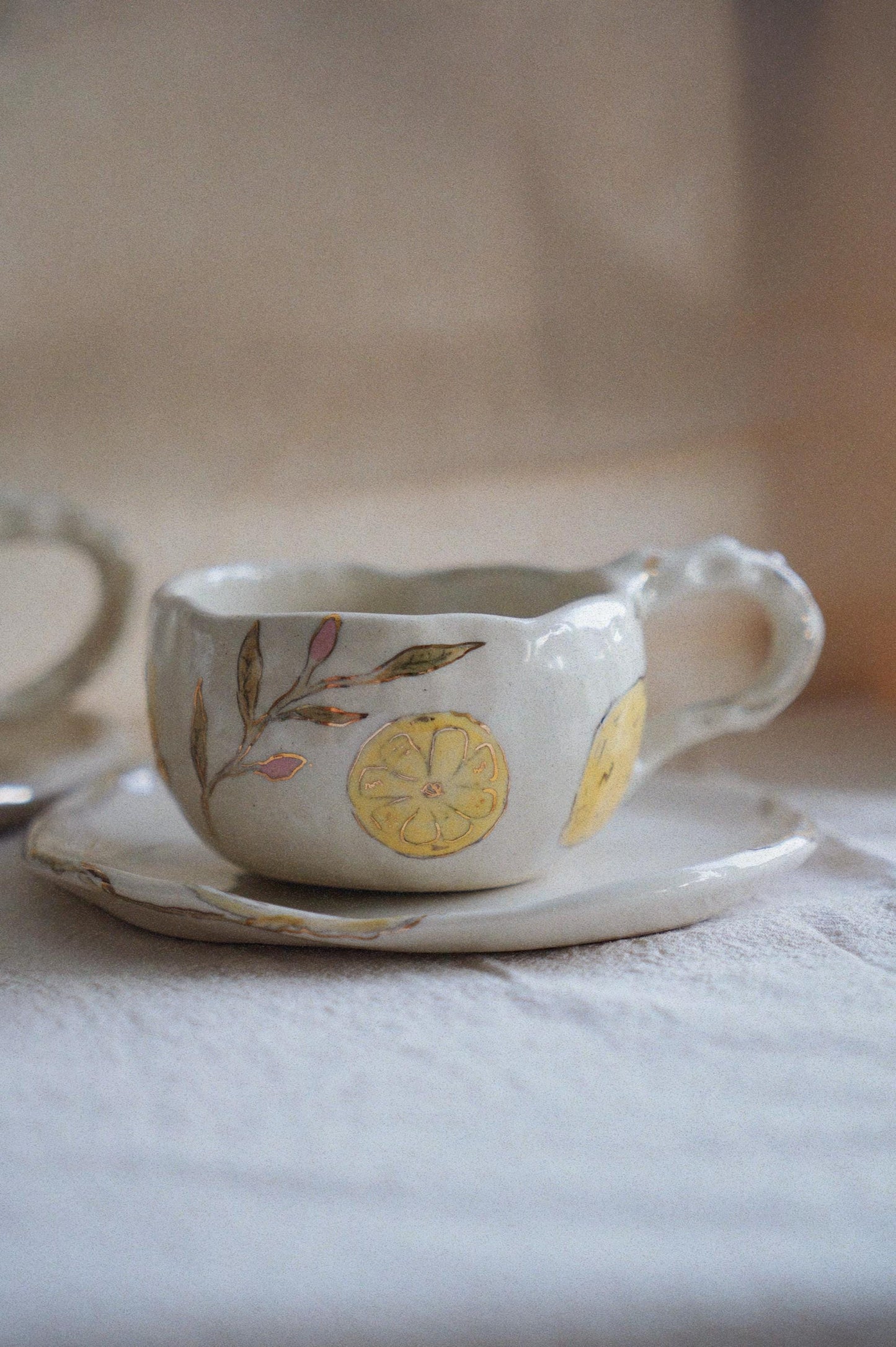 Lemon Hand-Painted Ceramic Cup & Saucer Set with Real Gold