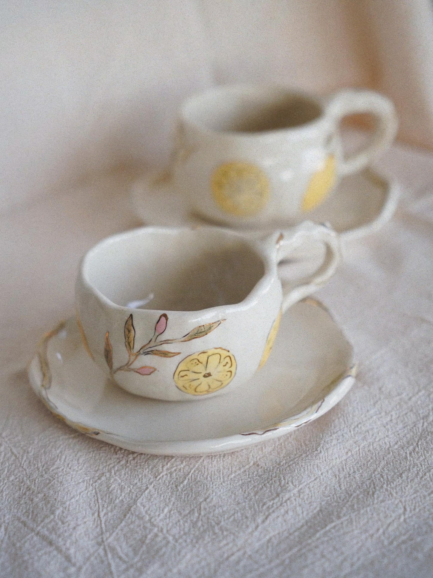 Lemon Hand-Painted Ceramic Cup & Saucer Set with Real Gold