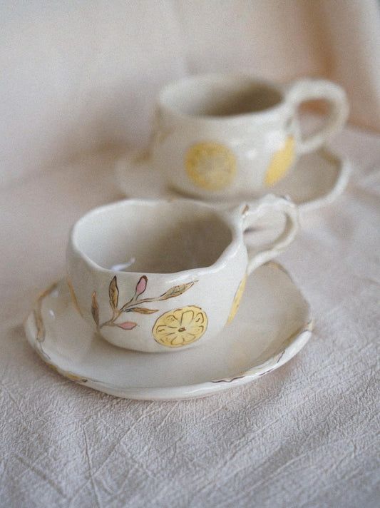 Lemon Hand-Painted Ceramic Cup & Saucer Set with Real Gold