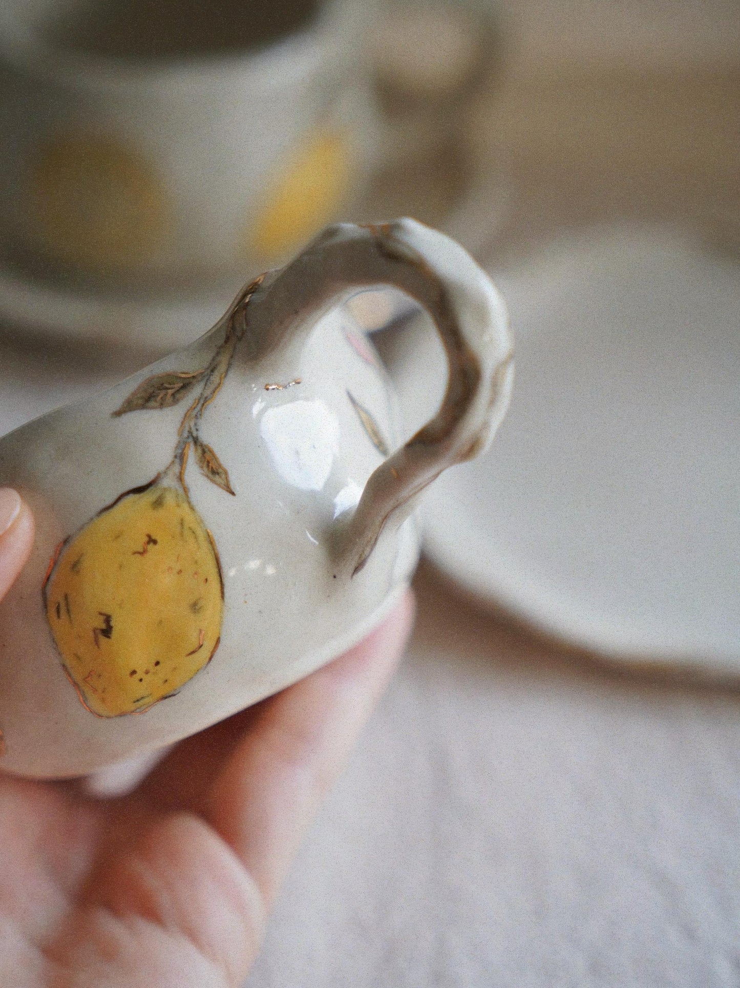 Lemon Hand-Painted Ceramic Cup & Saucer Set with Real Gold