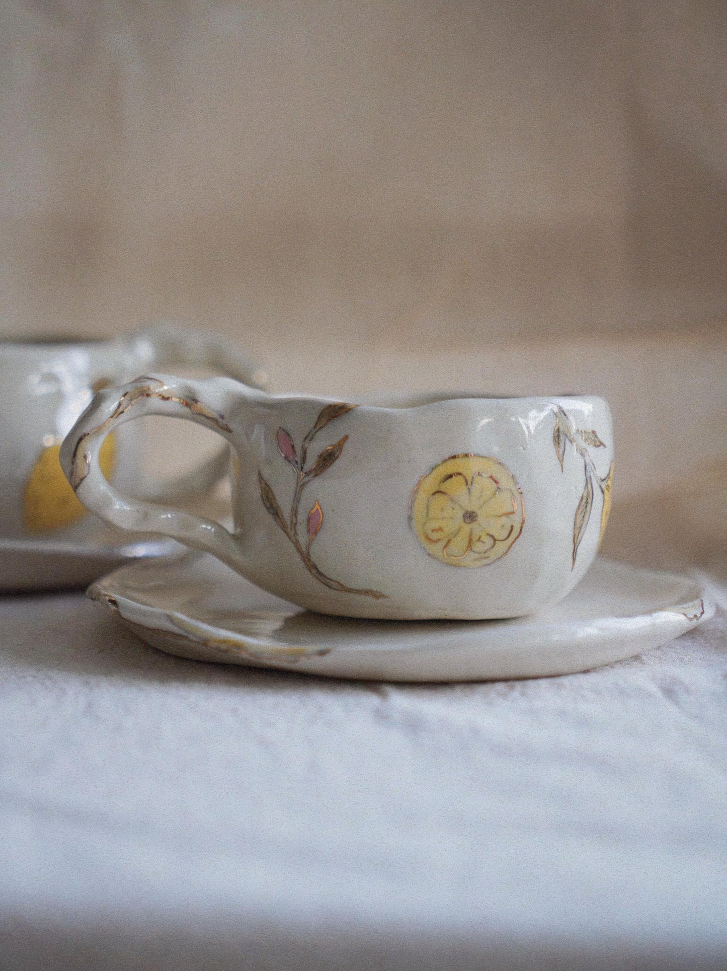 Lemon Hand-Painted Ceramic Cup & Saucer Set with Real Gold